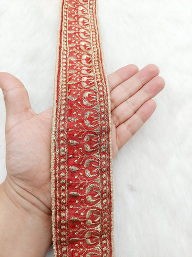 Red Art Silk Trim In Gold Floral Embroidery, Embroidered Flowers Border, Approx. 50mm wide, Decorative Trim, Trim by Yard |9 Yards